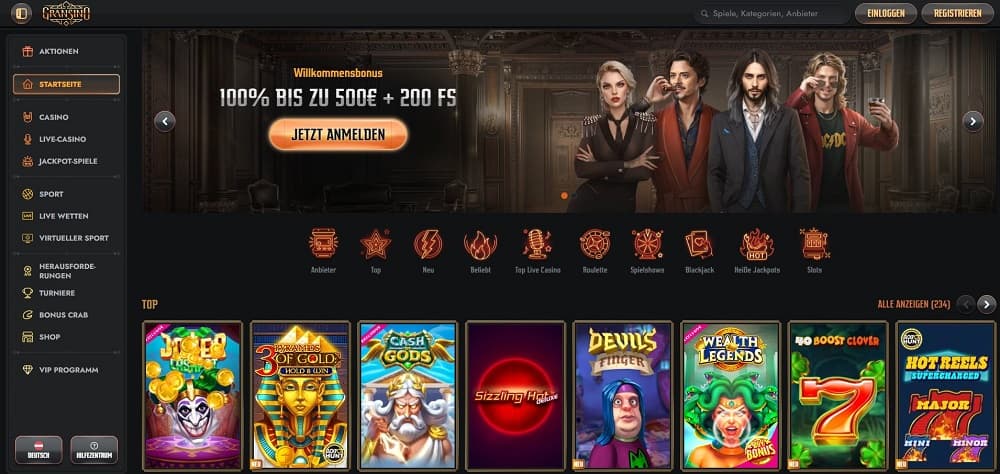 Screenshot einer Gransino Casino-Startseite auf Deutsch mit einem Willkommensbonus von '100% bis zu 500€ + 200 Freispiele.' Die linke Seitenleiste enthält Kategorien wie Casino, Live-Casino, Sportwetten und VIP-Programm, während im Hauptbereich beliebte Slot-Spiele wie Joker's Luck und Pyramids of Gold angezeigt werden.