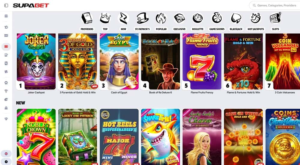 Screenshot der SupaBet Casino-Startseite mit vorgestellten Spielautomaten wie Joker Cashpot, Cash of Egypt und Book of Ra Deluxe 6. Darunter hebt der Bereich 'NEU' neue Titel wie Noble Crown, Shark Frenzy 2 und Coins of Olympus hervor. 
